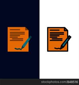 Agreement, Paper, Document, Note, Report Icons. Flat and Line Filled Icon Set Vector Blue Background
