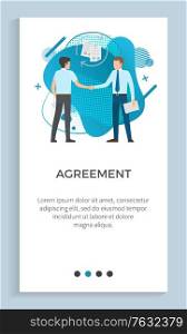 Agreement vector, male wearing suits formal wear serious men with briefcases on meeting. Conference of people in business, handshake of colleagues. Website or app slider, landing page flat style. Agreement Between Partners Contracts Documents