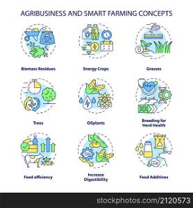 Agribusiness and smart farming concept icons set. Feed efficiency and additive idea thin line color illustrations. Isolated outline drawings. Editable stroke. Roboto-Medium, Myriad Pro-Bold fonts used. Agribusiness and smart farming concept icons set