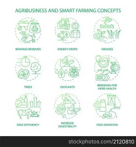 Agribusiness and smart farming green gradient concept icons set. Biomass residues. Energy crops idea thin line color illustrations. Isolated outline drawings. Roboto-Medium, Myriad Pro-Bold fonts used. Agribusiness and smart farming green gradient concept icons set