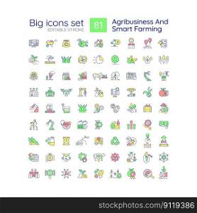 Agribusiness and smart farming RGB color icons set. Agriculture technologies. E-agriculture. Process automation. Isolated vector illustrations. Simple filled line drawings collection. Editable stroke. Agribusiness and smart farming RGB color icons set