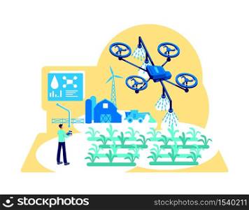 Agribusiness automation flat concept vector illustration. Drone for irrigation. Modern greenhouse. Farmer with device control 2D cartoon character for web design. Digital agriculture creative idea. Agribusiness automation flat concept vector illustration