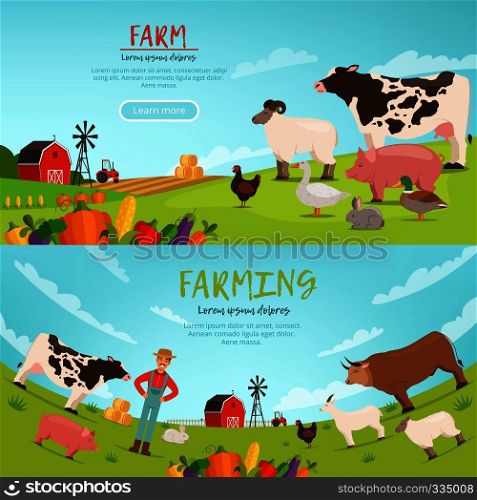 Agribusiness vector illustrations. Horizontal banners with farm landscape with house, transport and domestic animals. Farm landscape house and rural nature with domestic animal. Agribusiness vector illustrations. Banners with farm landscape with house, transport and domestic animals