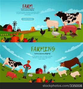 Agribusiness vector illustrations. Horizontal banners with farm landscape with house, transport and domestic animals. Farm landscape house and rural nature with domestic animal. Agribusiness vector illustrations. Banners with farm landscape with house, transport and domestic animals