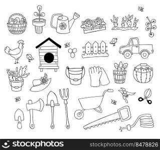 Agricultural and farm doodles. Truck, potted seedlings, beehive, garden tools, shovel, axe, rooster, chicken, garden hose, carrot bed, greenhouse with plants and wooden fence. Vector isolated element