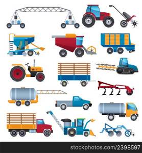 Agricultural and farming machines icons set with tractor combine and plough flat isolated vector illustration . Agricultural Machines Icons Set