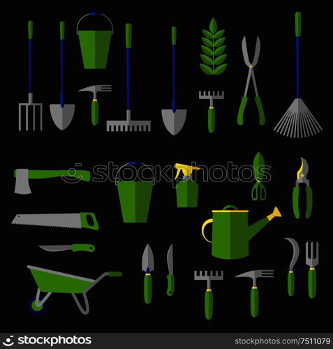 Agricultural and gardening tools with rakes, shovels, green plant, watering can, pitchfork, scissor, wheelbarrow, shears, trowel, buckets knife secateurs saw weeding hoes sprayer axe sickl. Agriculture and gardening tools flat icons