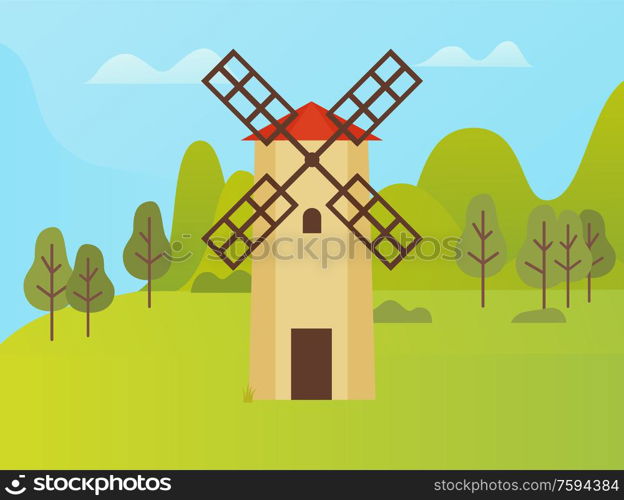 Agricultural area vector, windmill for storage of crops. Harvesting season, farming in rural territory. Forest with trees and bushes, green meadows. Windmill Construction, Nature Park with Trees