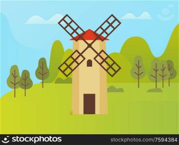 Agricultural area vector, windmill for storage of crops. Harvesting season, farming in rural territory. Forest with trees and bushes, green meadows. Windmill Construction, Nature Park with Trees