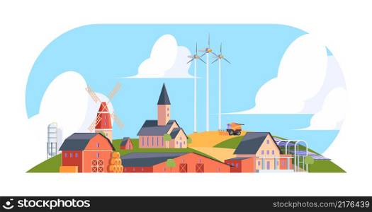 Agricultural background. Rural landscape with old village with farm buildings cottages windmill garish vector flat illustration. Agriculture farm landscape, countryside outdoor, farmland architecture. Agricultural background. Rural landscape with old village with farm buildings cottages windmill garish vector flat illustration