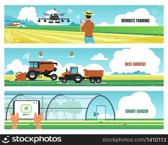 Agricultural banners. Smart farming and using futuristic technologies for growing food, soil work automation concept. Vector image agro digital technology flyer. Agricultural banners. Smart farming and using futuristic technologies for growing food, soil work automation concept. Vector agro technology flyer