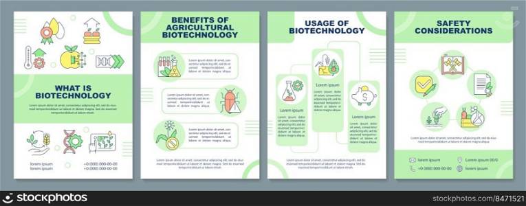 Agricultural biotechnology basics brochure template. Leaflet design with linear icons. Editable 4 vector layouts for presentation, annual reports. Arial-Black, Myriad Pro-Regular fonts used. Agricultural biotechnology basics brochure template