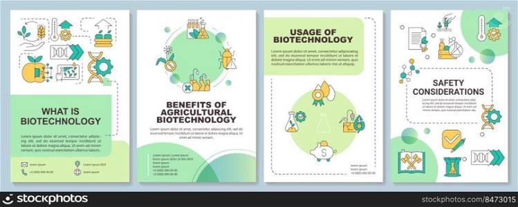 Agricultural biotechnology basics green brochure template. Leaflet design with linear icons. Editable 4 vector layouts for presentation, annual reports. Arial-Bold, Myriad Pro-Regular fonts used. Agricultural biotechnology basics green brochure template