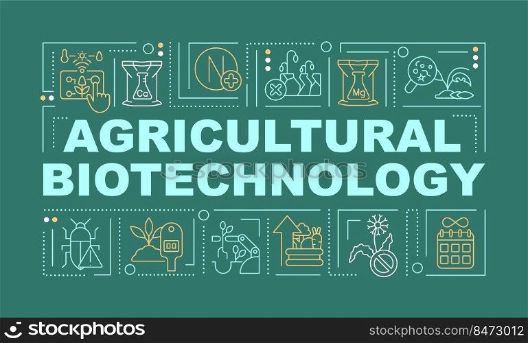 Agricultural biotechnology word concepts dark green banner. Infographics with editable icons on color background. Isolated typography. Vector illustration with text. Arial-Black font used. Agricultural biotechnology word concepts dark green banner