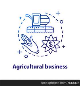 Agricultural business concept icon. Agriculture idea thin line illustration. Corn, combine harvester, income from harvest sell. Vector isolated outline drawing. Agricultural business concept icon