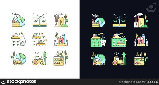 Agricultural business light and dark theme RGB color icons set. Farm modernization and innovation. Isolated vector illustrations on white and black space. Simple filled line drawings pack. Agricultural business light and dark theme RGB color icons set