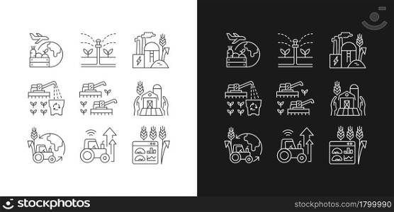 Agricultural business linear icons set for dark and light mode. Farm modernization and innovation. Customizable thin line symbols. Isolated vector outline illustrations. Editable stroke. Agricultural business linear icons set for dark and light mode