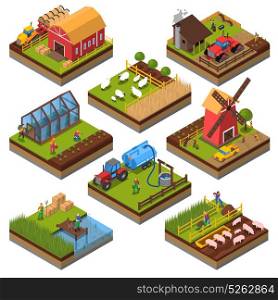 Agricultural Compositions Isometric Set. Agricultural compositions isometric set with farm buildings and vehicles livestock and fishing cultivated lands isolated vector illustration