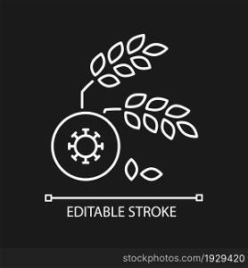 Agricultural disease linear icon for dark theme. Harvest loss leads to starvation. Crop illnesses. Thin line customizable illustration. Isolated vector contour symbol for night mode. Editable stroke. Agricultural disease linear icon for dark theme