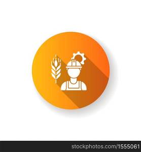 Agricultural engineer orange flat design long shadow glyph icon. Manufacturing worker to work in agribusiness. Gemitation job professional. Farmer worker. Silhouette RGB color illustration. Agricultural engineer orange flat design long shadow glyph icon