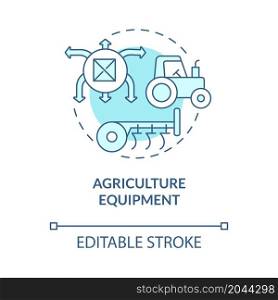 Agricultural equipment turquoise blue concept icon. Agribusiness development supplies. Farming technology abstract idea thin line illustration. Vector isolated outline color drawing. Editable stroke. Agricultural equipment turquoise blue concept icon