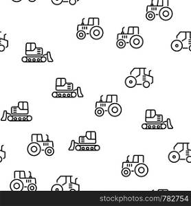 Agricultural Farm Vehicle Seamless Pattern Vector. Tractor, Agrimotor, Harvester And Bulldozer Vehicle Monochrome Texture Icons. Machine Technic Wheel Equipment Template Flat Illustration. Agricultural Farm Vehicle Seamless Pattern Vector
