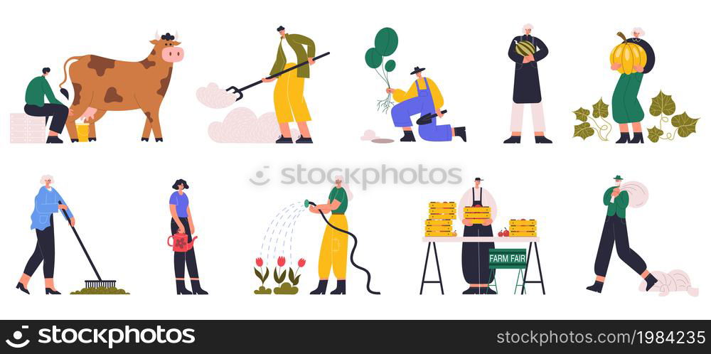 Agricultural farmer characters, cultivate soil, planting crops, harvest. Farm workers milking cow, watering soil vector illustration set. Working farmer characters. Set of farmers character. Agricultural farmer characters, cultivate soil, planting crops, harvest. Farm workers milking cow, watering soil vector illustration set. Working farmer characters