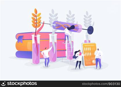 Agricultural genetics. Plants growing in test tube. Scientists breeding artificial crop. Genetically modified plants, GM crops, biotech crops concept. Vector isolated concept creative illustration. Genetically modified plants concept vector illustration