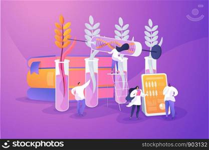 Agricultural genetics. Plants growing in test tube. Scientists breeding artificial crop. Genetically modified plants, GM crops, biotech crops concept. Vector isolated concept creative illustration. Genetically modified plants concept vector illustration