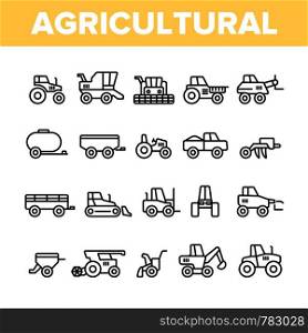 Agricultural Heavy Machinery Vector Linear Icons Set. Agriculture, Farming And Horticulture Equipment Outline Symbols Pack. Tractor With Plough, Combine Harvester Isolated Contour Illustrations. Agricultural Heavy Machinery Vector Linear Icons Set