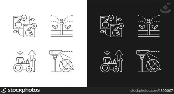 Agricultural innovations linear icons set for dark and light mode. Goods production and sale. Customizable thin line symbols. Isolated vector outline illustrations. Editable stroke. Agricultural innovations linear icons set for dark and light mode