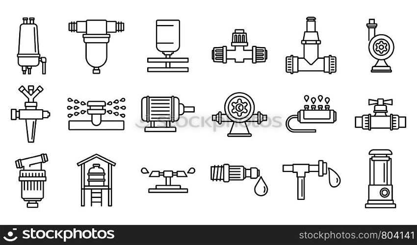 Agricultural irrigation system icon set. Outline set of agricultural irrigation system vector icons for web design isolated on white background. Agricultural irrigation system icon set, outline style