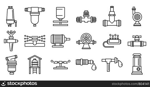 Agricultural irrigation system icon set. Outline set of agricultural irrigation system vector icons for web design isolated on white background. Agricultural irrigation system icon set, outline style