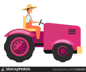 Agricultural machinery flat vector illustration. Farm worker driving agriculture mini tractor cartoon character. Harvesting and cultivation vehicle. Farming equipment. Farmer, tractor driver