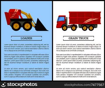 Agricultural machinery set cartoon vector banner. Small compact loader and grain truck with trailer, isolated new equipment, farming technique poster. Agricultural Machinery Set, Cartoon Vector Banner