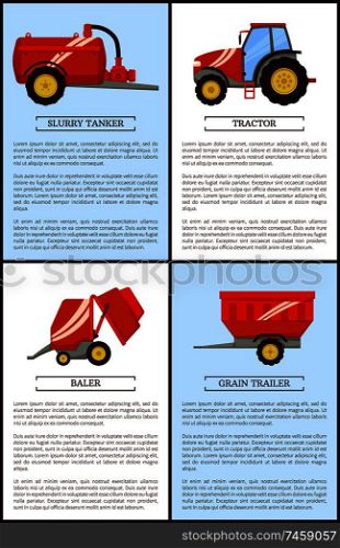 Agricultural machinery set cartoon vector. Compact tractor and slurry tanker, grain trailer and baler, new technique, equipment posters with text s&les. Agriculture Machinery Tractor, Grain Trailer Baler