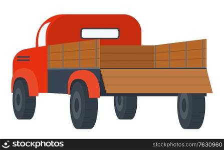 Agricultural machinery vector, isolated automobile for works in ranch. Farming and harvesting truck for products transportation pickup. Vector illustration in flat cartoon style. Car with Empty Container, Lorry with Wooden Back