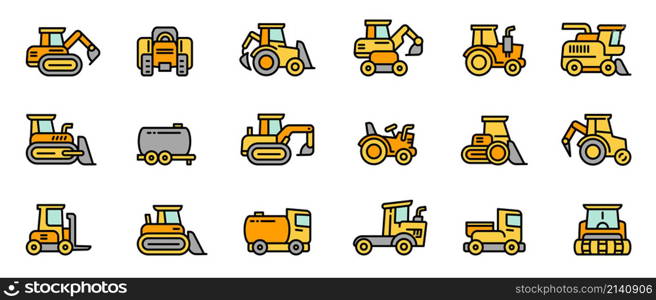 Agricultural machines icons set outline vector. Harvest combine. Farm machinery. Agricultural machines icons set outline vector. Harvest combine