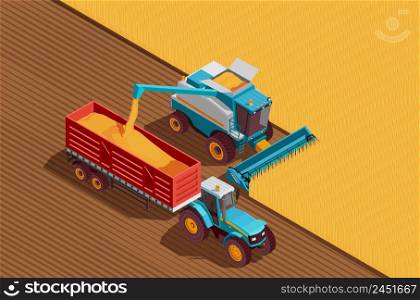 Agricultural machines isometric background with grain and harvest symbols vector illustration. Agricultural Machines Background