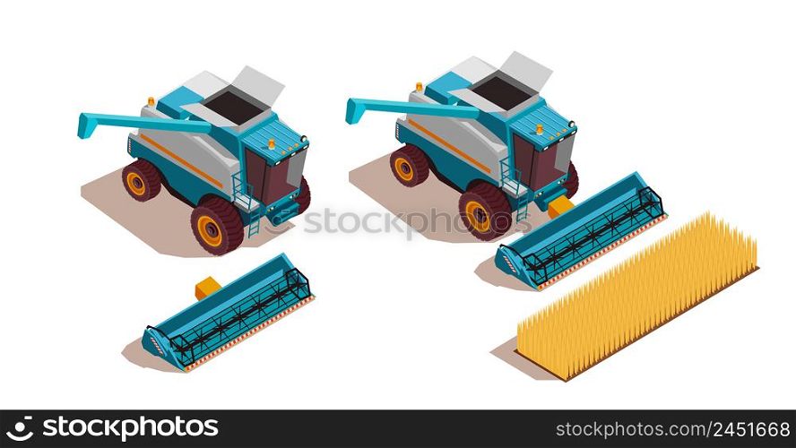 Agricultural machines isometric set with harvest and transportation symbols isolated vector illustration. Agricultural Machines Isometric Set