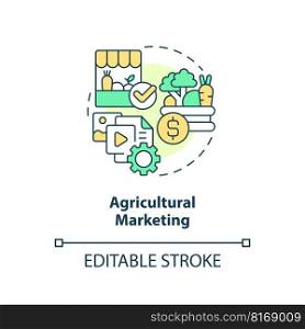 Agricultural marketing concept icon. Products advertising. Farming business subsidy abstract idea thin line illustration. Isolated outline drawing. Editable stroke. Arial, Myriad Pro-Bold fonts used. Agricultural marketing concept icon