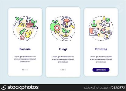 Agricultural microbiology onboarding mobile app screen. Bacteria, fungi walkthrough 3 steps graphic instructions pages with linear concepts. UI, UX, GUI template. Myriad Pro-Bold, Regular fonts used. Agricultural microbiology onboarding mobile app screen