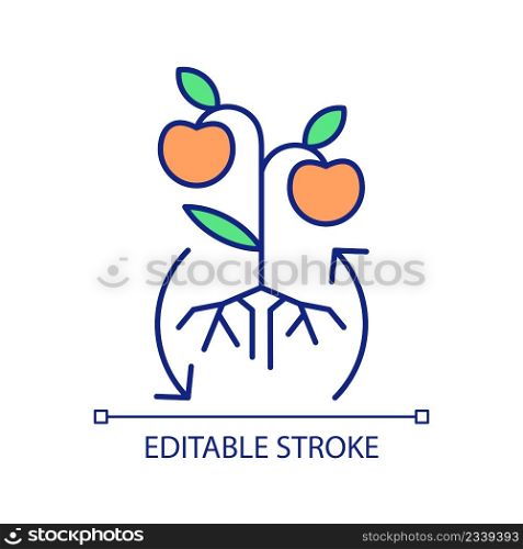 Agricultural plant cultivation RGB color icon. Fertilizers for crop increasing. Farming trends. Isolated vector illustration. Simple filled line drawing. Editable stroke. Arial font used. Agricultural plant cultivation RGB color icon