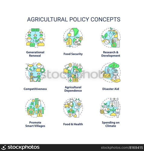 Agricultural policy concept icons set. Law regulation of farming business idea thin line color illustrations. Isolated symbols. Editable stroke. Roboto-Medium, Myriad Pro-Bold fonts used. Agricultural policy concept icons set