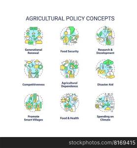 Agricultural policy concept icons set. Law regulation of farming business idea thin line color illustrations. Isolated symbols. Editable stroke. Roboto-Medium, Myriad Pro-Bold fonts used. Agricultural policy concept icons set
