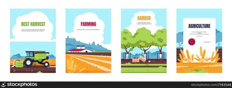 Agricultural poster. Cartoon booklet with farmland fields and farmhouse, smart farming and agricultural industry banners. Vector image set harvest or agriculture equipment technology. Agricultural poster. Cartoon booklet with farmland fields and farmhouse, smart farming and agricultural industry banners. Vector set