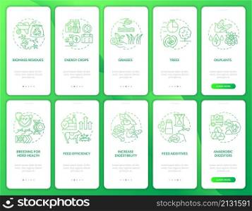 Agricultural revolution green gradient onboarding mobile app screen set. Walkthrough 5 steps graphic instructions pages with linear concepts. UI, UX, GUI template. Myriad Pro-Bold, Regular fonts used. Agricultural revolution green gradient onboarding mobile app screen set