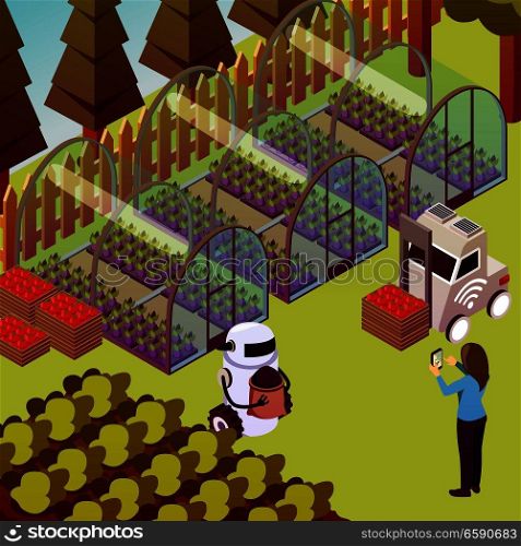Agricultural robots isometric composition with outdoor farm landscape and robots doing rural works within human sight vector illustration. Farm Operator Robots Composition