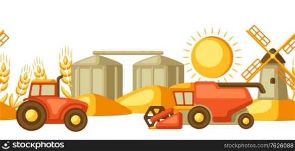 Agricultural seamless pattern with harvesting items. Combine harvester, tractor and granary.. Agricultural seamless pattern with harvesting items.