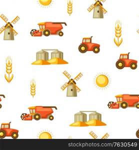 Agricultural seamless pattern with harvesting items. Combine harvester, tractor and granary.. Agricultural seamless pattern with harvesting items.